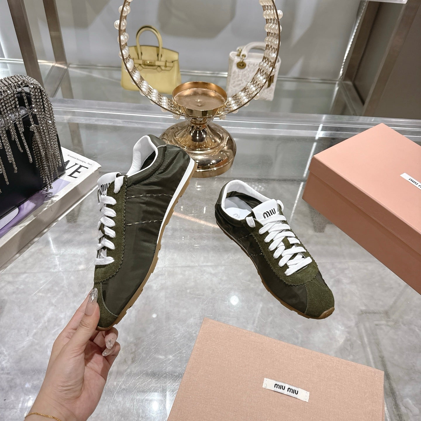 PLUME NAPPA SNEAKERS IN DARK GREEN SUEDE AND CANVAS - 35