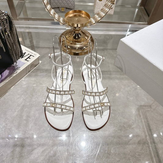 FLAT SANDALS 25S IN WHITE CALFSKIN RHINESTONES STRAP - 35