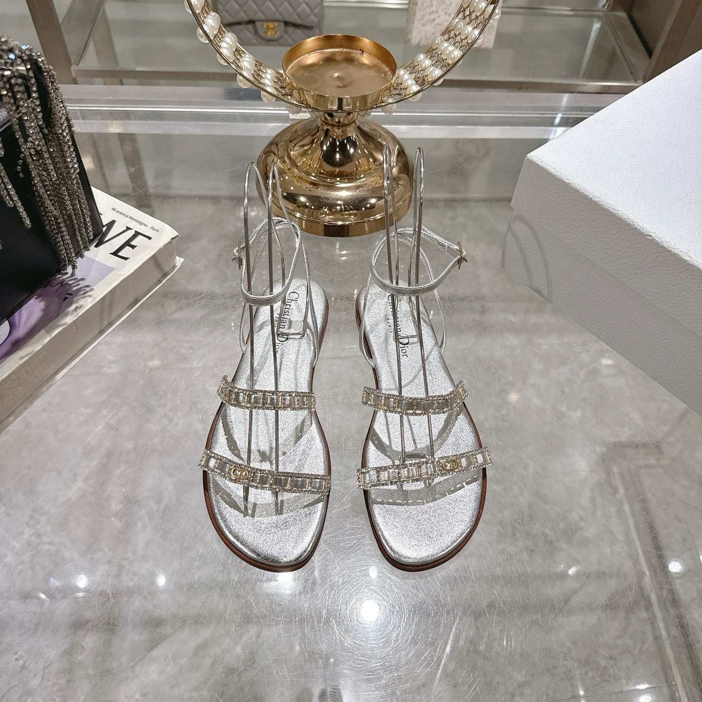FLAT SANDALS 25S IN SILVER CALFSKIN RHINESTONES STRAP - 35