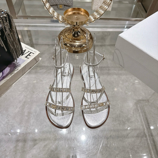 FLAT SANDALS 25S IN SILVER CALFSKIN RHINESTONES STRAP - 35