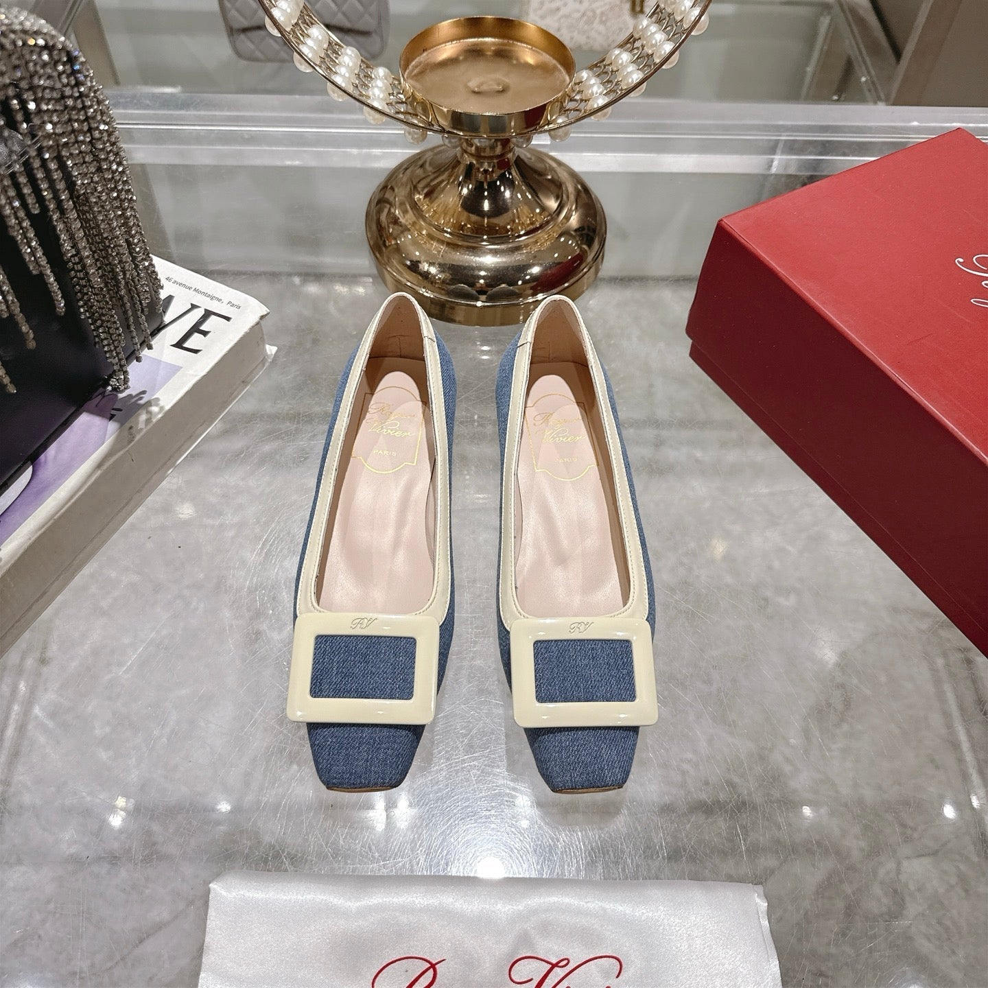 ROGER VIVIER 25S TROMPETTE BALLERINAS 25MM IN BLUE DENIM - 35