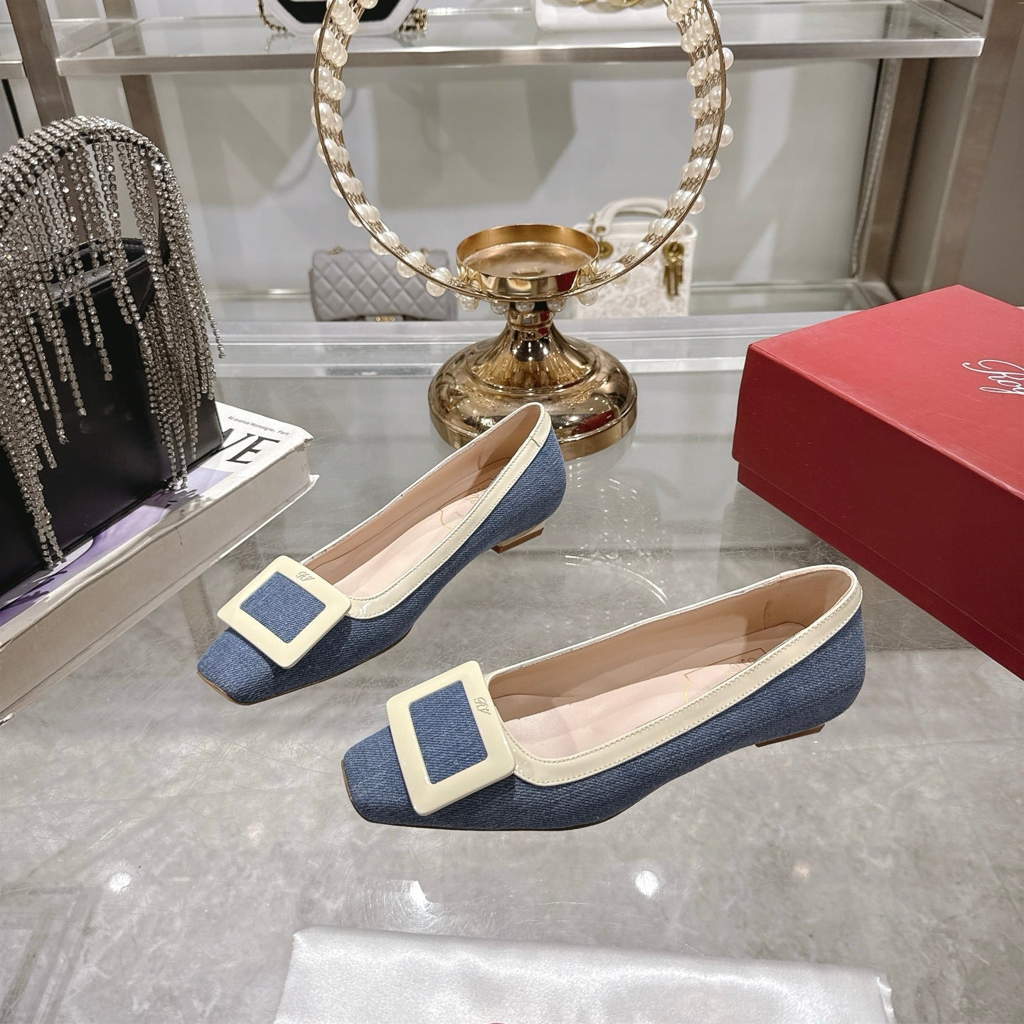 ROGER VIVIER 25S TROMPETTE BALLERINAS 25MM IN BLUE DENIM - 35