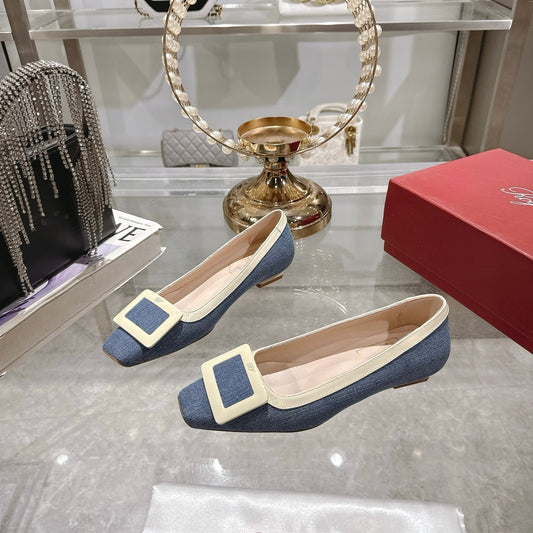 ROGER VIVIER 25S TROMPETTE BALLERINAS 25MM IN BLUE DENIM - 35