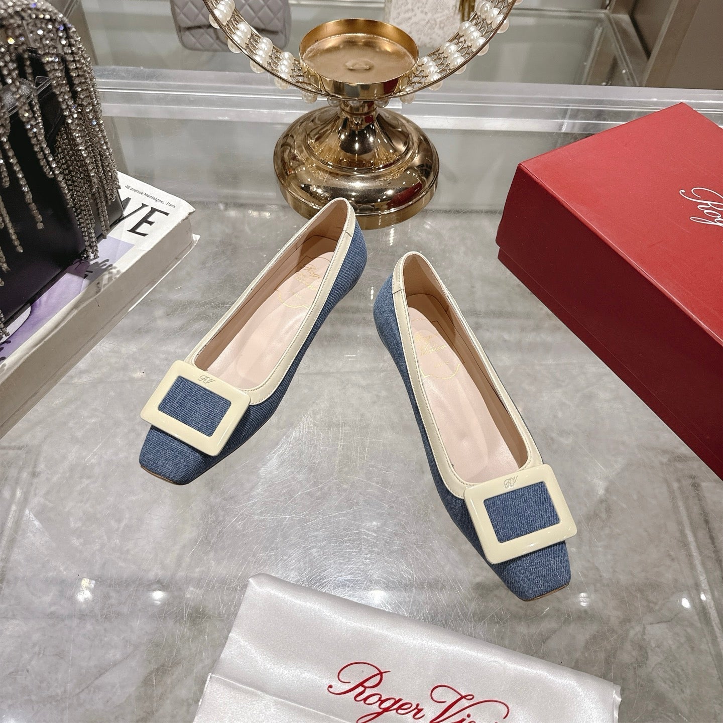 ROGER VIVIER 25S TROMPETTE BALLERINAS 25MM IN BLUE DENIM - 35