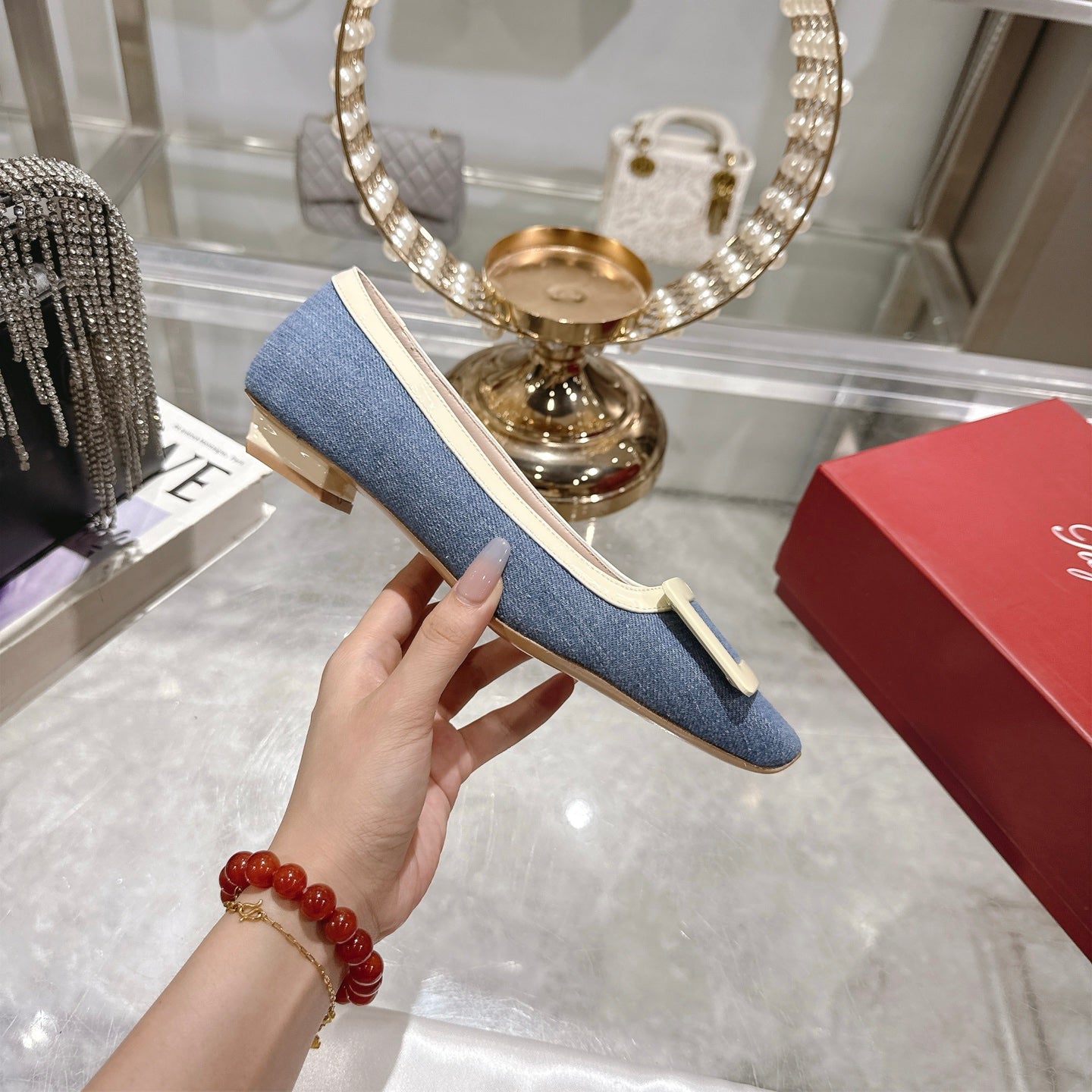 ROGER VIVIER 25S TROMPETTE BALLERINAS 25MM IN BLUE DENIM - 35