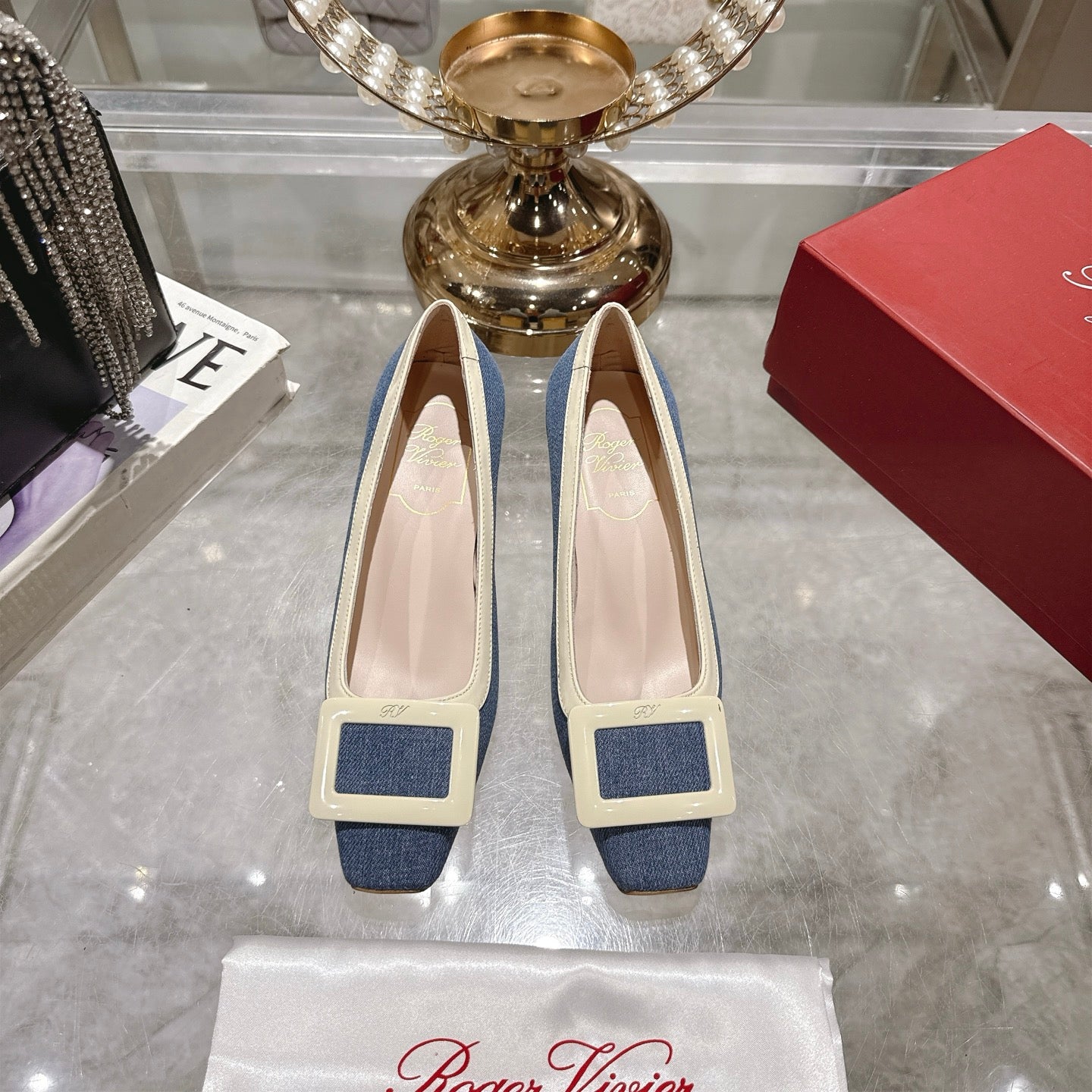 ROGER VIVIER 25S TROMPETTE BALLERINAS 45MM IN BLUE DENIM - 35