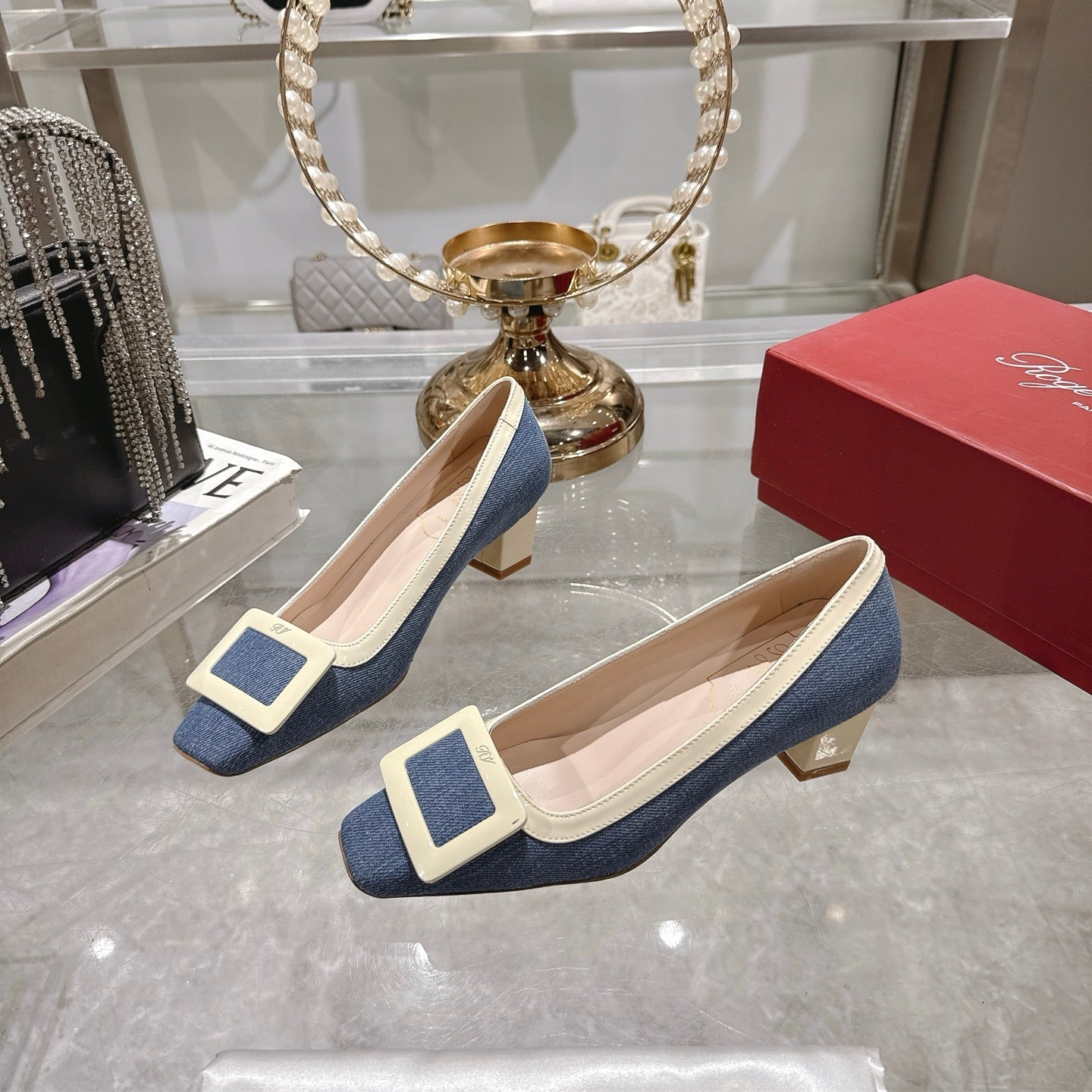 ROGER VIVIER 25S TROMPETTE BALLERINAS 45MM IN BLUE DENIM - 35