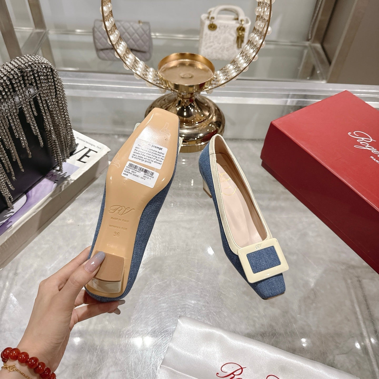 ROGER VIVIER 25S TROMPETTE BALLERINAS 45MM IN BLUE DENIM - 35