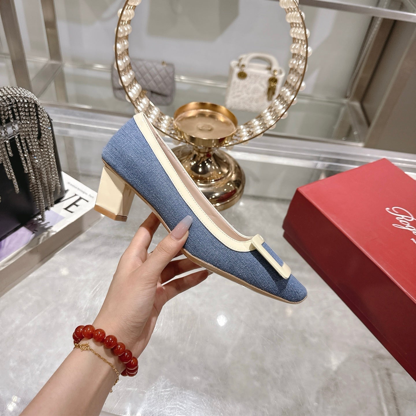 ROGER VIVIER 25S TROMPETTE BALLERINAS 45MM IN BLUE DENIM - 35
