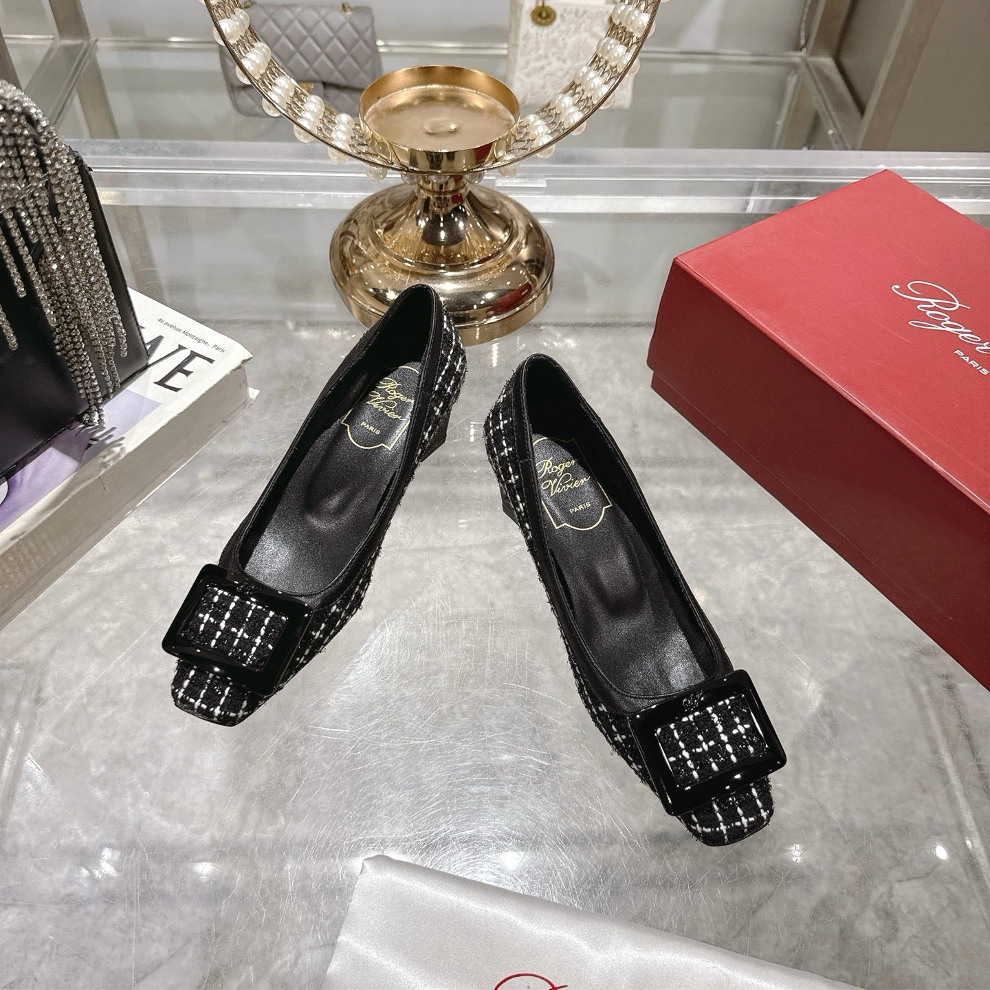ROGER VIVIER 25S TROMPETTE BALLERINAS 45MM IN BLACK TWEED - 35