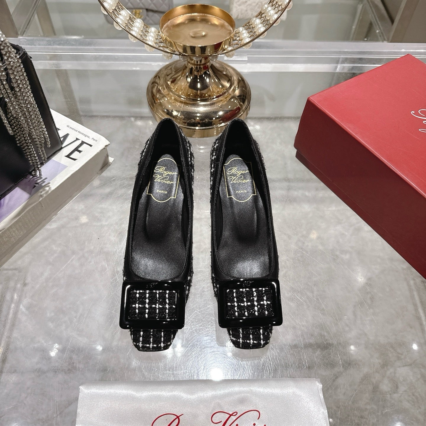 ROGER VIVIER 25S TROMPETTE BALLERINAS 45MM IN BLACK TWEED - 35