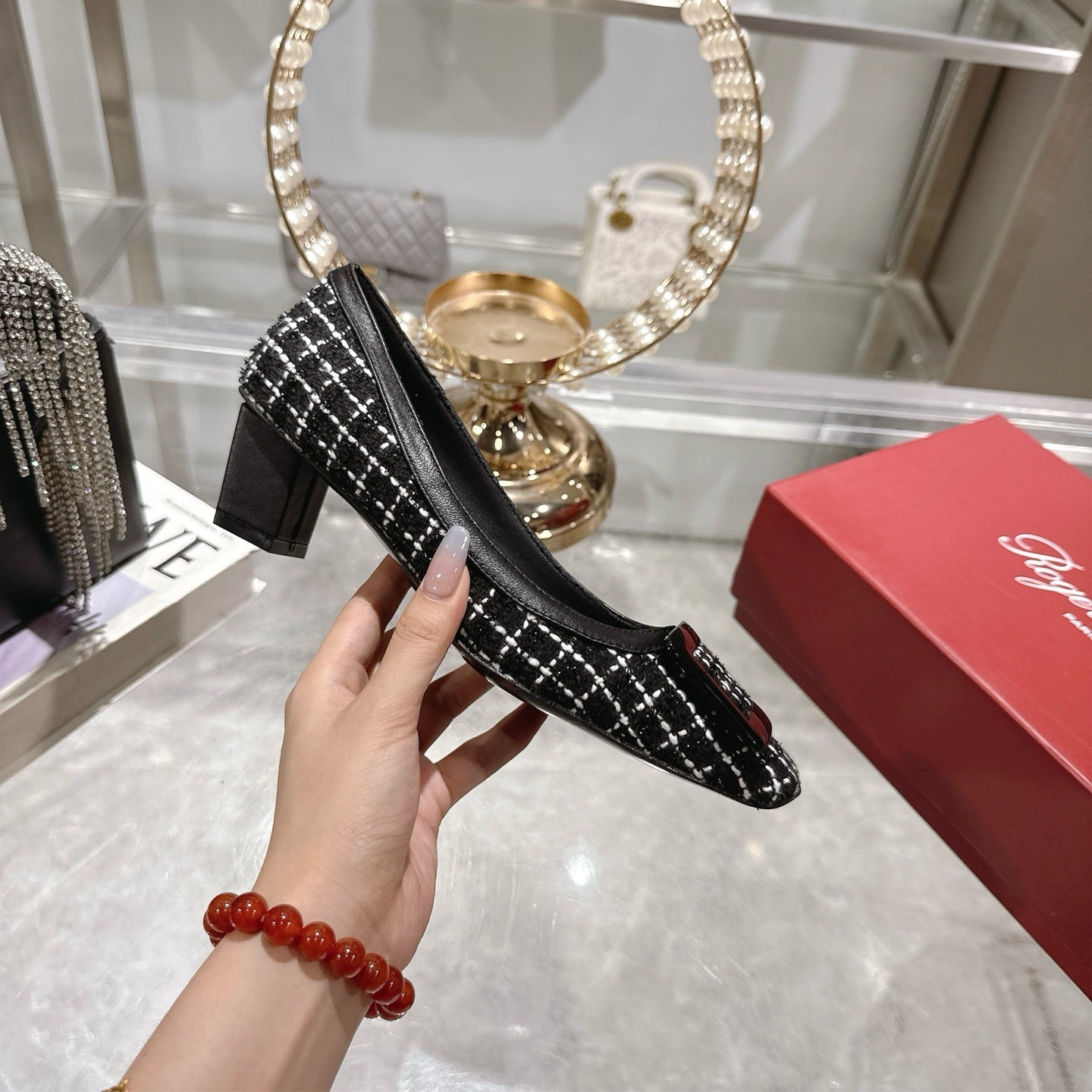 ROGER VIVIER 25S TROMPETTE BALLERINAS 45MM IN BLACK TWEED - 35