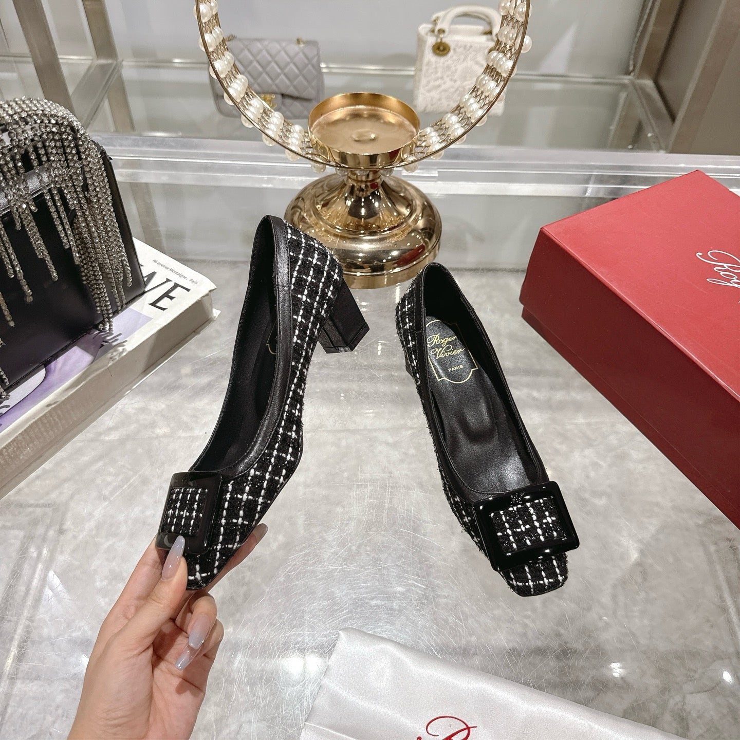 ROGER VIVIER 25S TROMPETTE BALLERINAS 45MM IN BLACK TWEED - 35