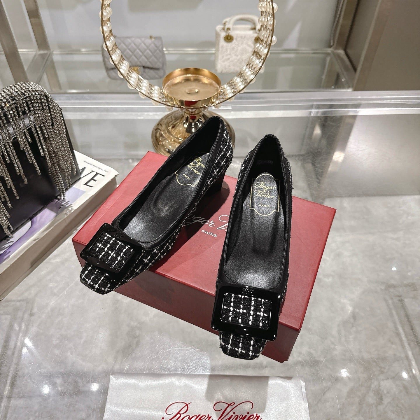 ROGER VIVIER 25S TROMPETTE BALLERINAS 45MM IN BLACK TWEED - 35