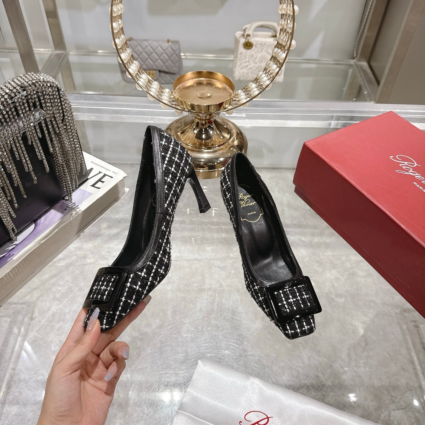 ROGER VIVIER 25S TROMPETTE BALLERINAS 75MM IN BLACK TWEED - 35