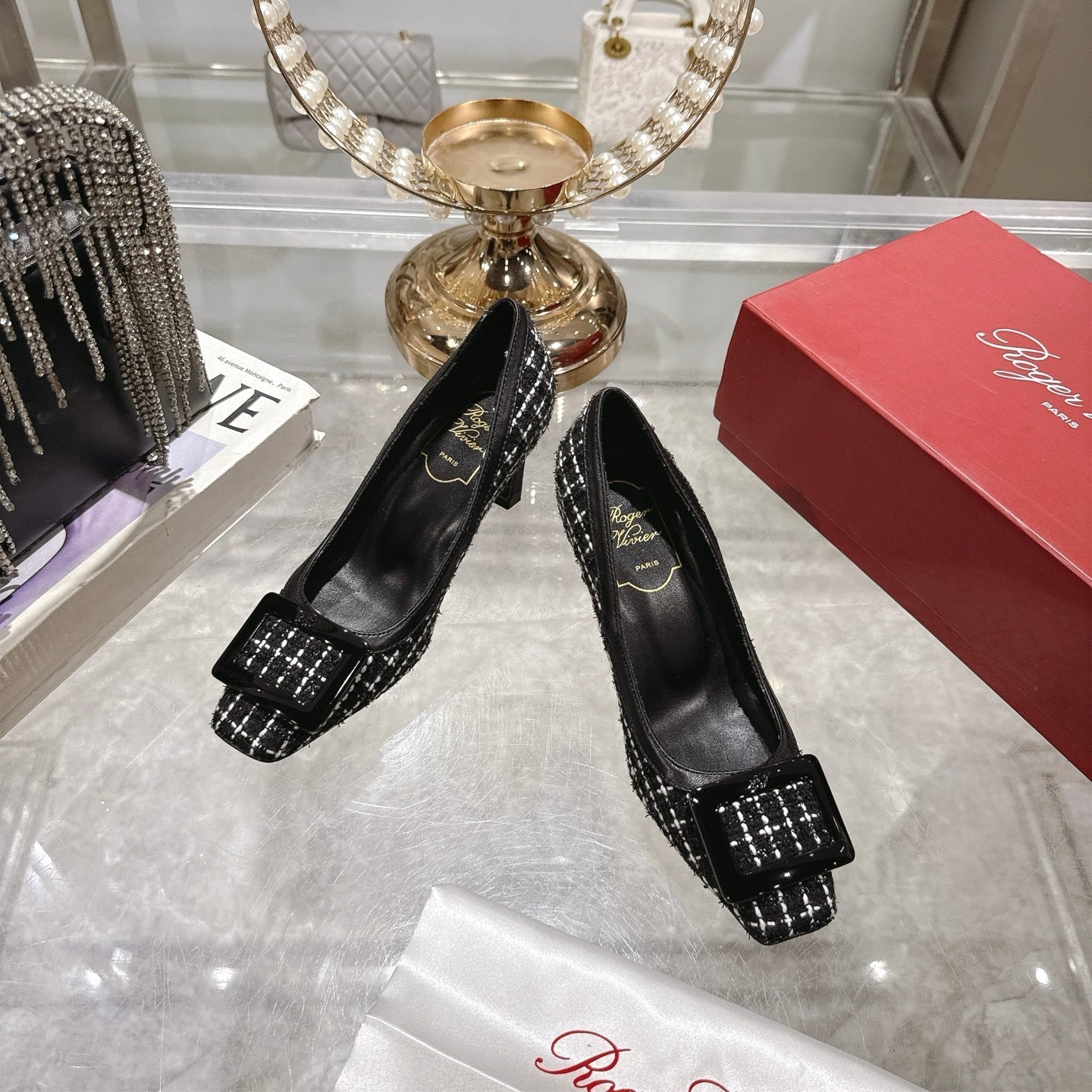 ROGER VIVIER 25S TROMPETTE BALLERINAS 75MM IN BLACK TWEED - 35