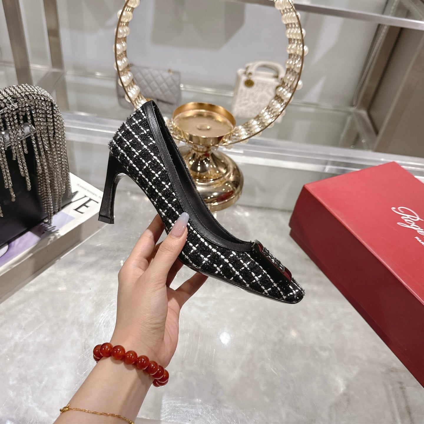 ROGER VIVIER 25S TROMPETTE BALLERINAS 75MM IN BLACK TWEED - 35