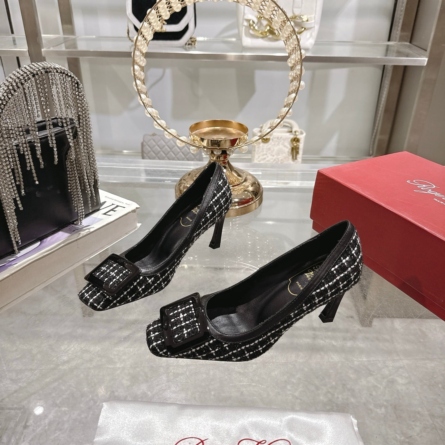 ROGER VIVIER 25S TROMPETTE BALLERINAS 75MM IN BLACK TWEED - 35