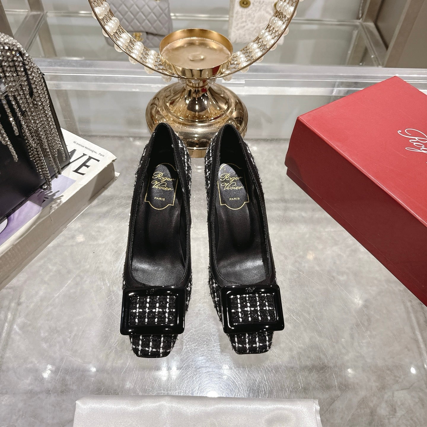 ROGER VIVIER 25S TROMPETTE BALLERINAS 75MM IN BLACK TWEED - 35