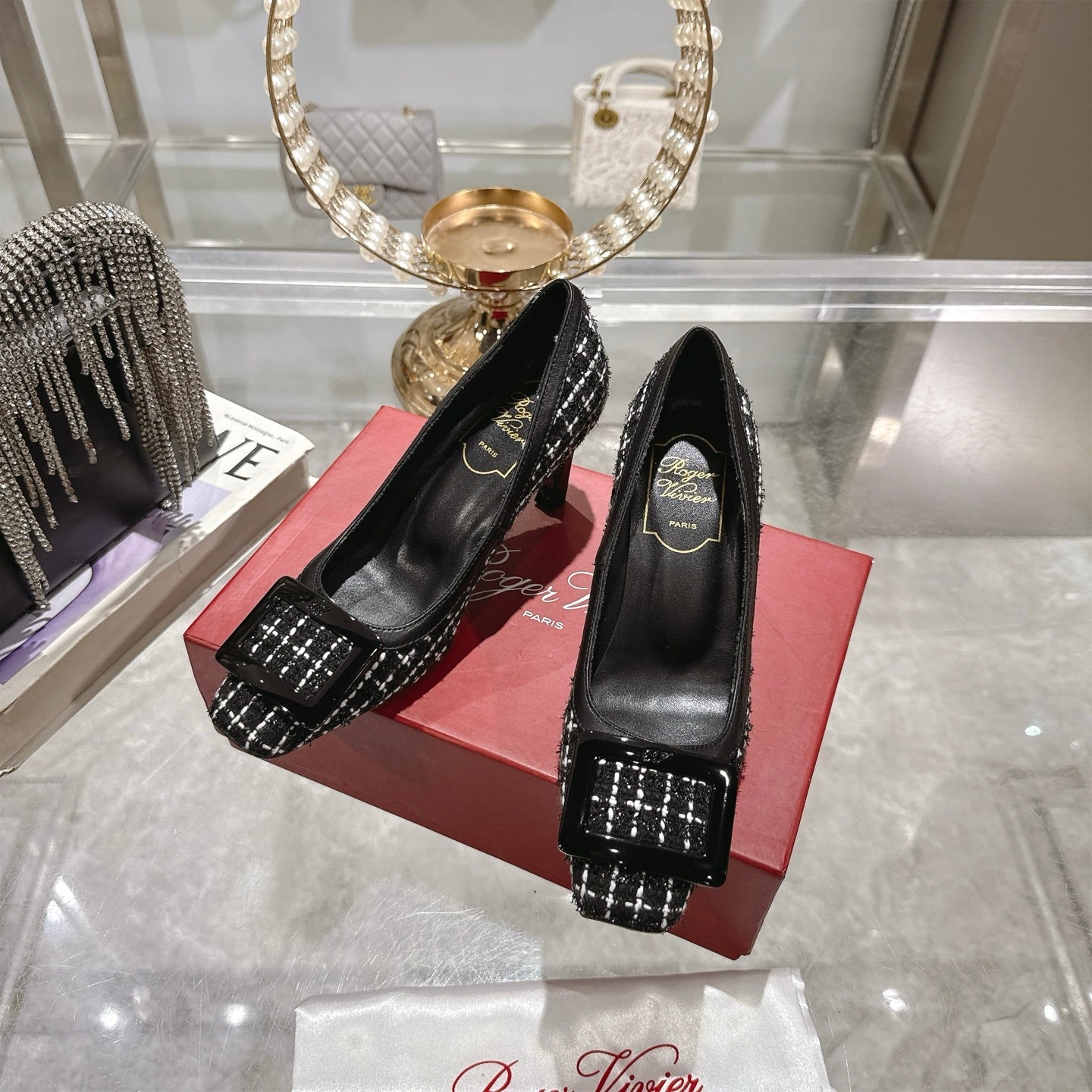 ROGER VIVIER 25S TROMPETTE BALLERINAS 75MM IN BLACK TWEED - 35
