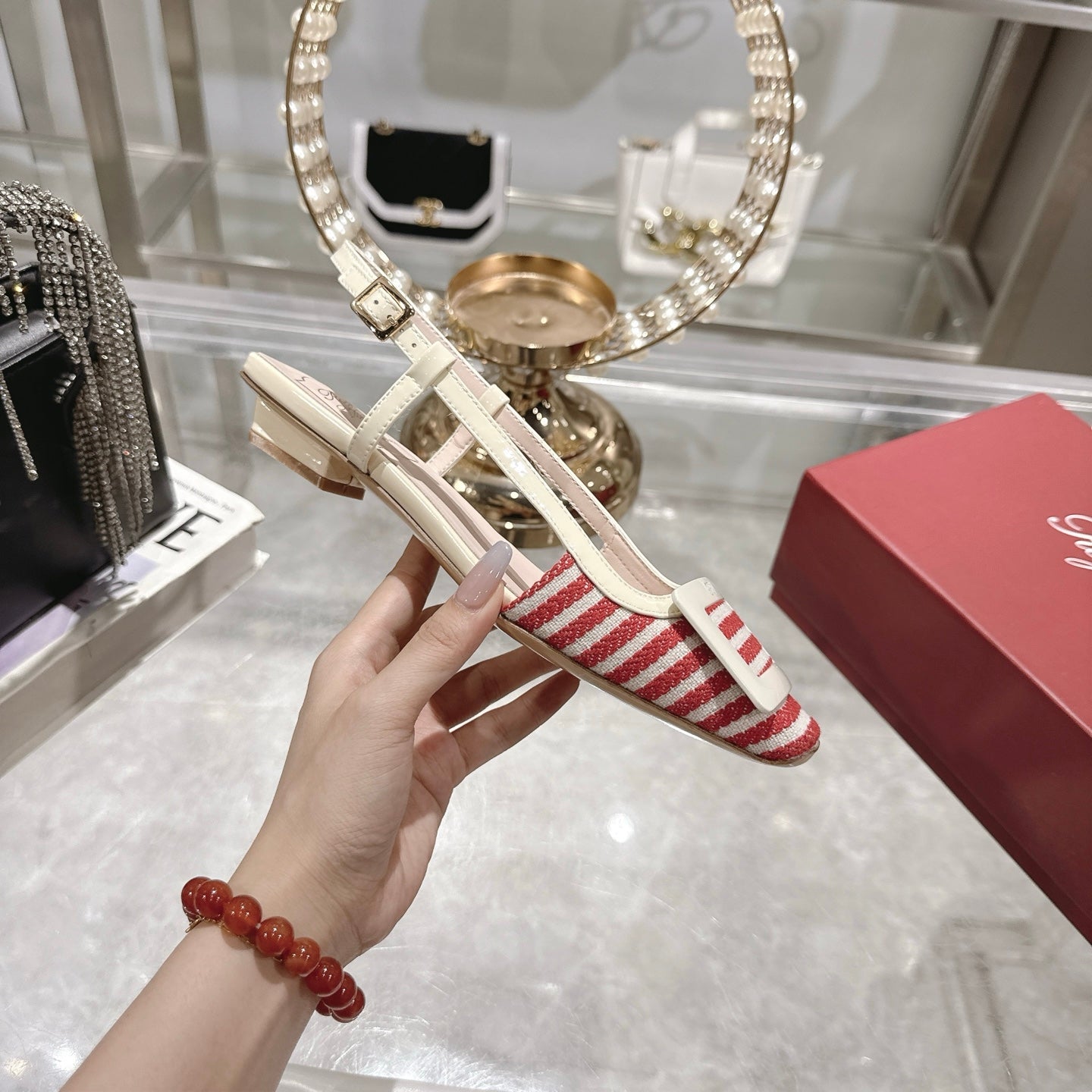 ROGER VIVIER 25S VIVIER SLINGBACK 25MM IN RED PLAID PATTERN CANVAS - 34