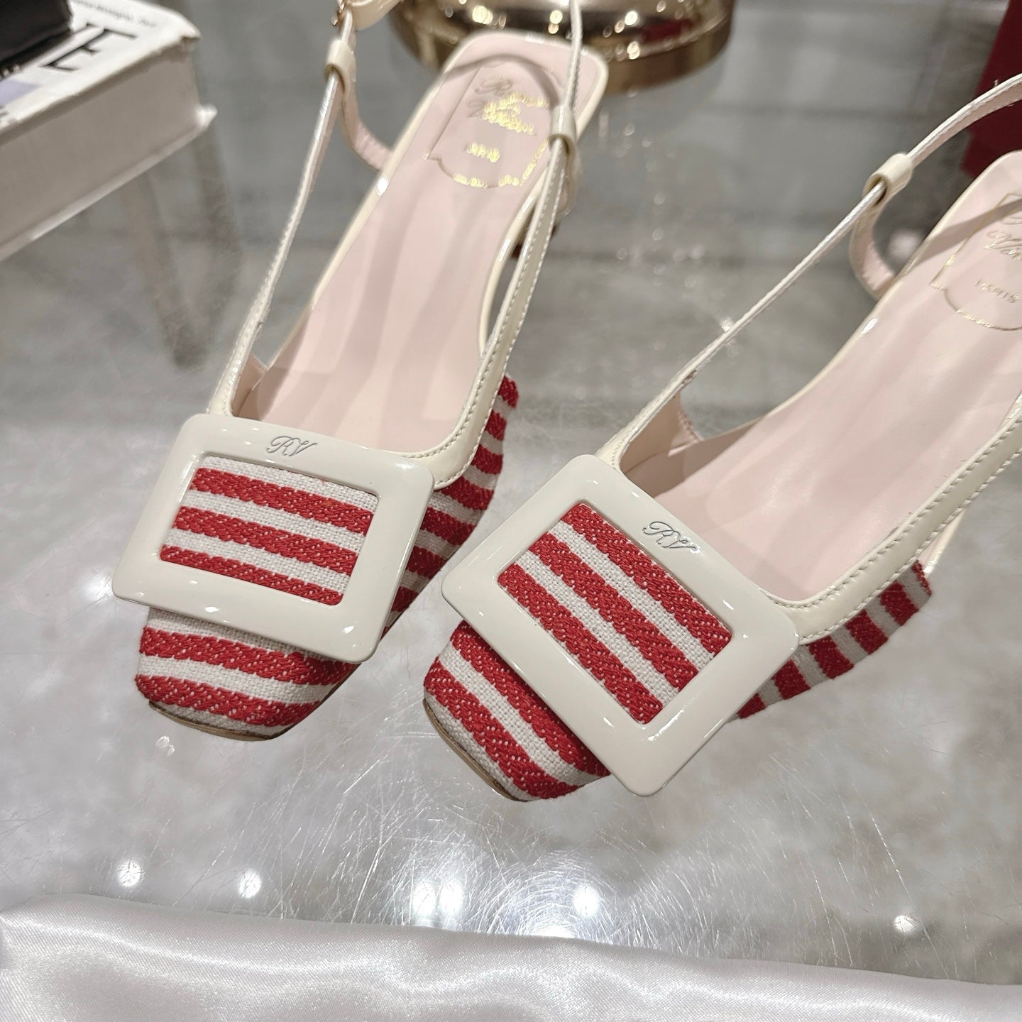 ROGER VIVIER 25S VIVIER SLINGBACK 45MM IN RED PLAID PATTERN CANVAS - 34