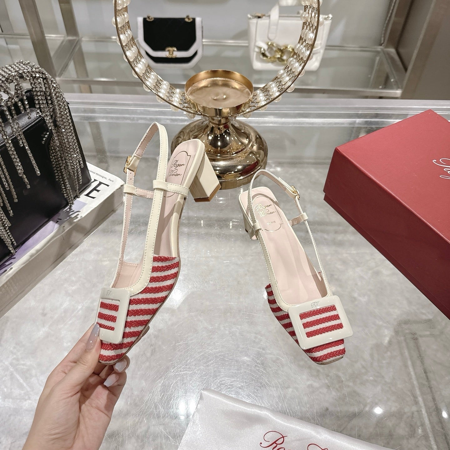 ROGER VIVIER 25S VIVIER SLINGBACK 45MM IN RED PLAID PATTERN CANVAS - 34