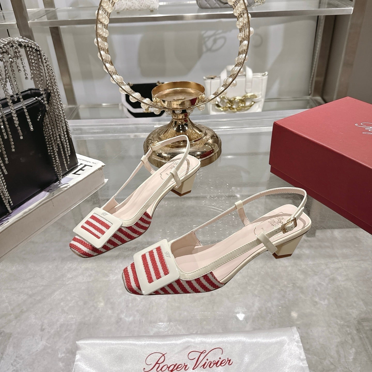 ROGER VIVIER 25S VIVIER SLINGBACK 45MM IN RED PLAID PATTERN CANVAS - 34
