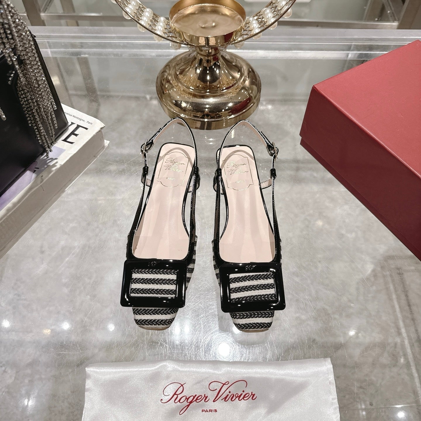 ROGER VIVIER 25S VIVIER SLINGBACK 25MM IN BLACK PLAID PATTERN CANVAS - 34