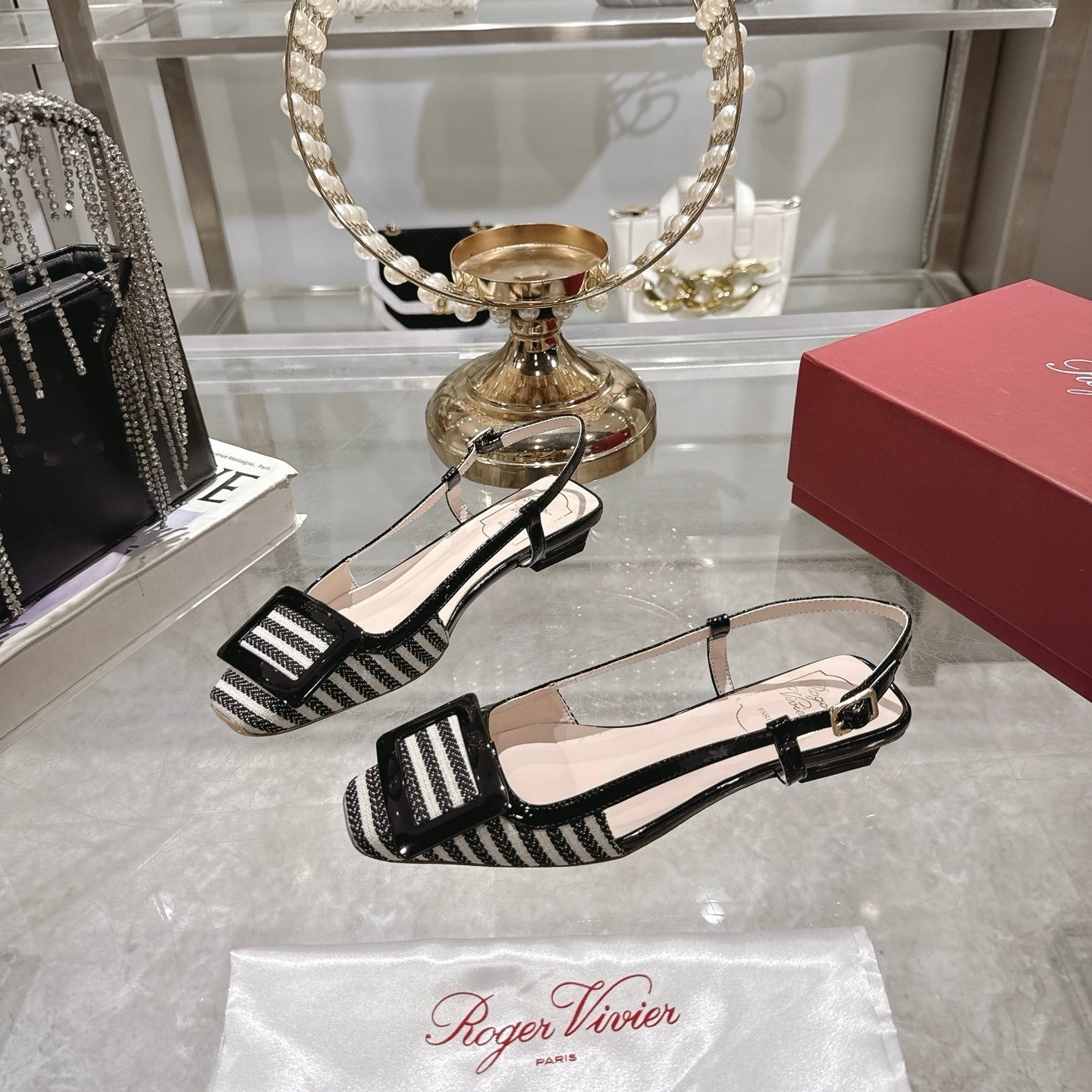 ROGER VIVIER 25S VIVIER SLINGBACK 25MM IN BLACK PLAID PATTERN CANVAS - 34