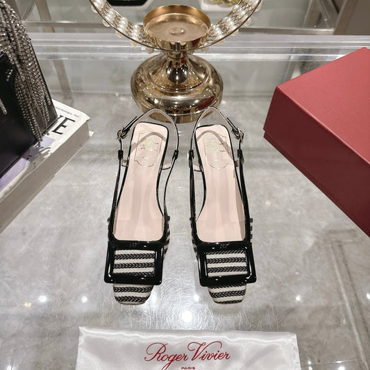 ROGER VIVIER 25S VIVIER SLINGBACK 45MM IN BLACK PLAID PATTERN CANVAS - 34