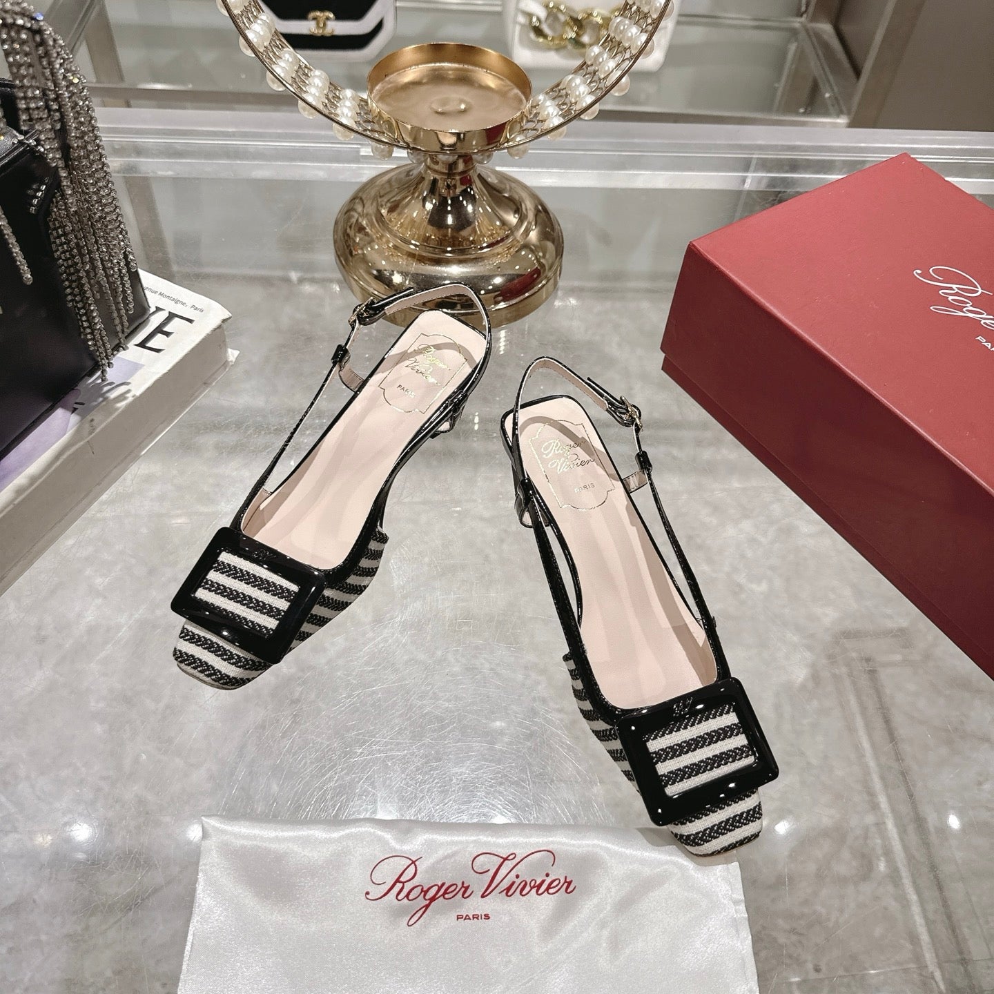 ROGER VIVIER 25S VIVIER SLINGBACK 45MM IN BLACK PLAID PATTERN CANVAS - 34