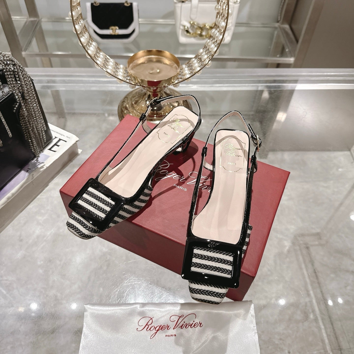 ROGER VIVIER 25S VIVIER SLINGBACK 45MM IN BLACK PLAID PATTERN CANVAS - 34