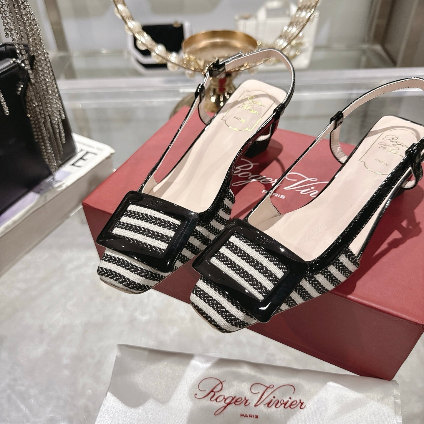 ROGER VIVIER 25S VIVIER SLINGBACK 45MM IN BLACK PLAID PATTERN CANVAS - 34