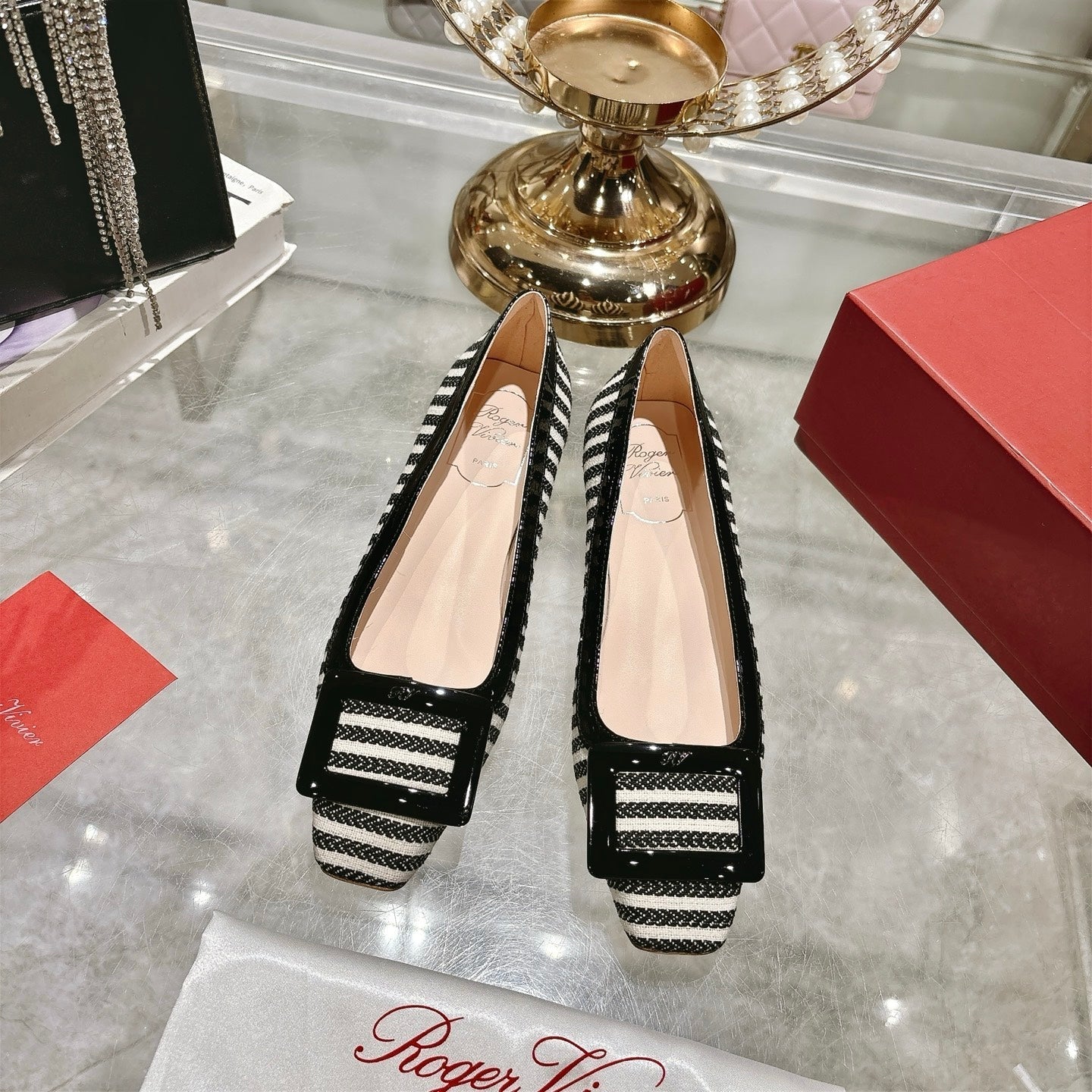 ROGER VIVIER 25S TROMPETTE BALLERINAS 25MM IN BLACK PLAID PATTERN CANVAS - 34