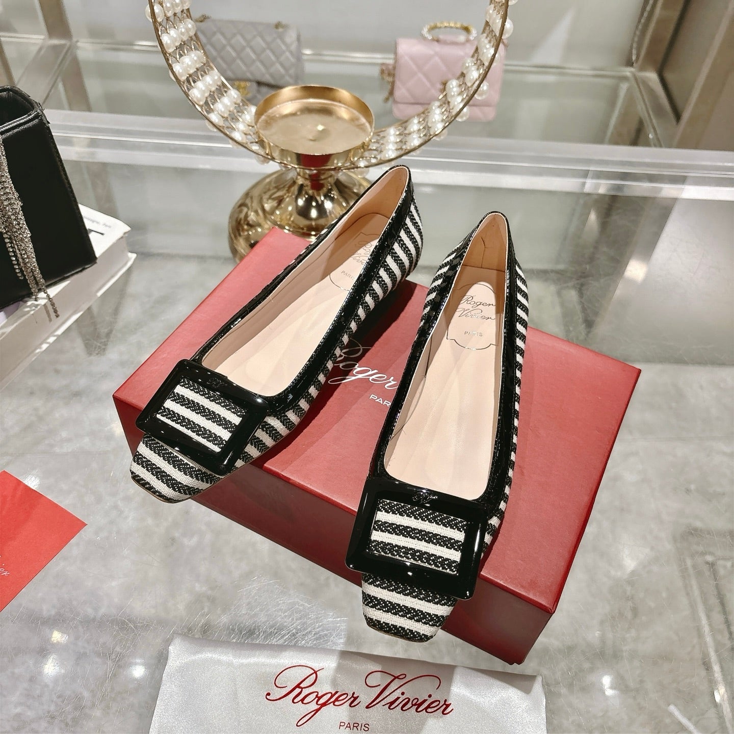 ROGER VIVIER 25S TROMPETTE BALLERINAS 25MM IN BLACK PLAID PATTERN CANVAS - 34