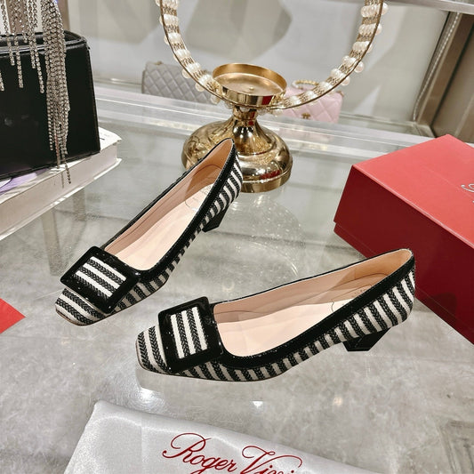 ROGER VIVIER 25S TROMPETTE BALLERINAS 45MM IN BLACK PLAID PATTERN CANVAS - 34
