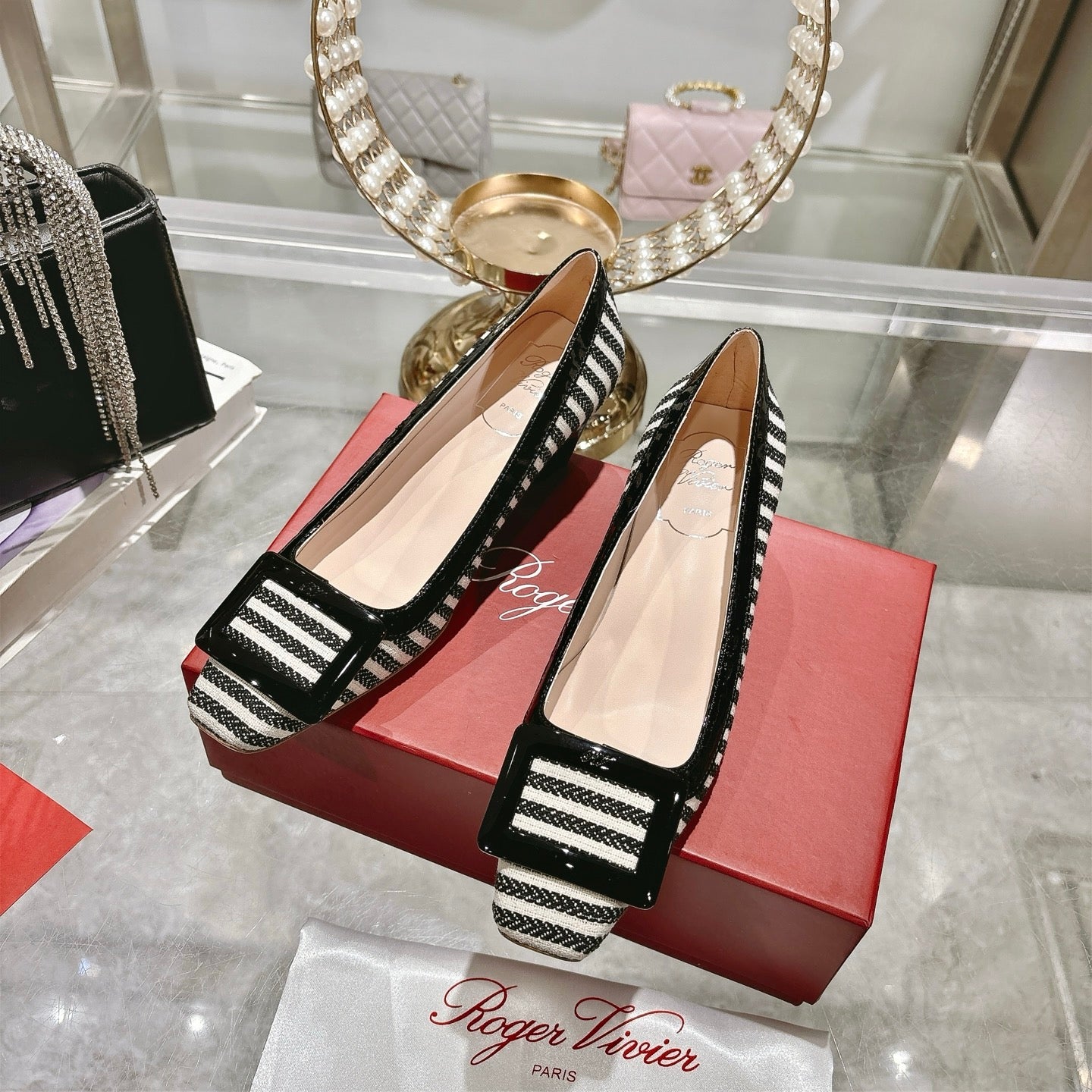 ROGER VIVIER 25S TROMPETTE BALLERINAS 45MM IN BLACK PLAID PATTERN CANVAS - 34