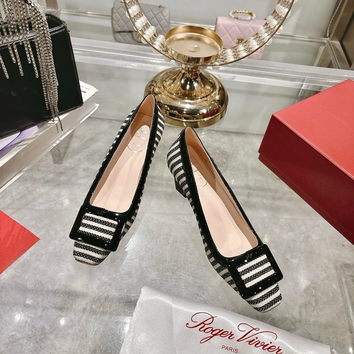 ROGER VIVIER 25S TROMPETTE BALLERINAS 45MM IN BLACK PLAID PATTERN CANVAS - 34