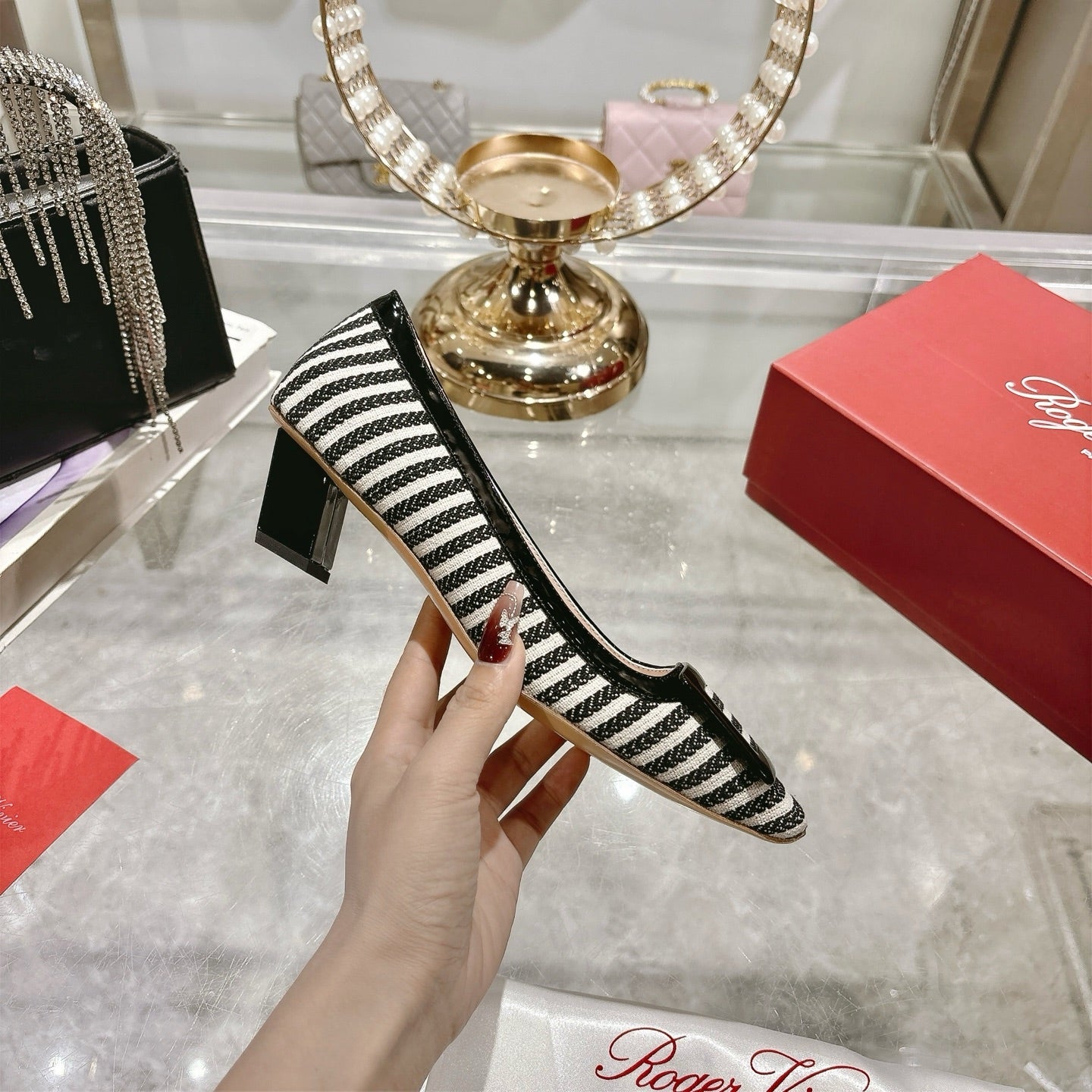 ROGER VIVIER 25S TROMPETTE BALLERINAS 45MM IN BLACK PLAID PATTERN CANVAS - 34
