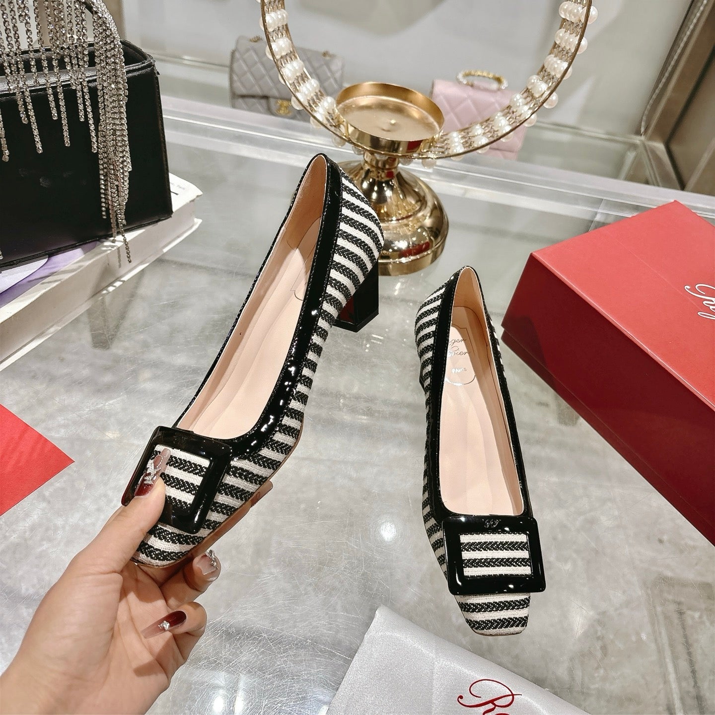 ROGER VIVIER 25S TROMPETTE BALLERINAS 45MM IN BLACK PLAID PATTERN CANVAS - 34