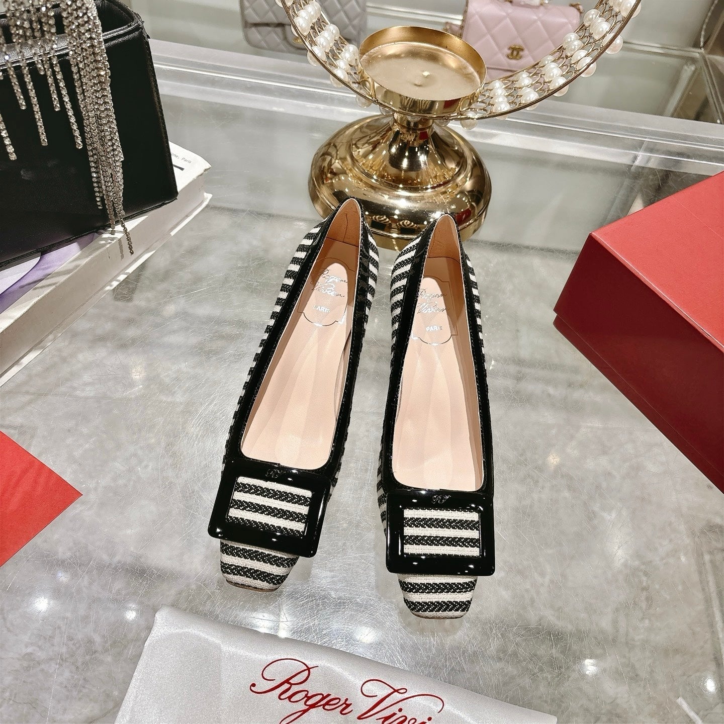 ROGER VIVIER 25S TROMPETTE BALLERINAS 45MM IN BLACK PLAID PATTERN CANVAS - 34