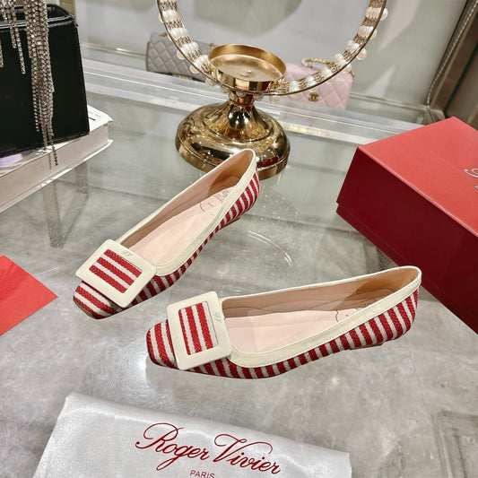 ROGER VIVIER 25S TROMPETTE BALLERINAS 25MM IN RED PLAID PATTERN CANVAS - 34