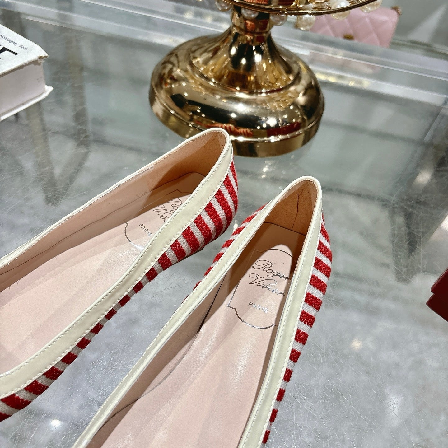 ROGER VIVIER 25S TROMPETTE BALLERINAS 25MM IN RED PLAID PATTERN CANVAS - 34