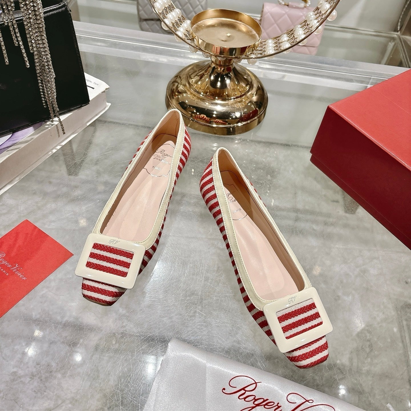 ROGER VIVIER 25S TROMPETTE BALLERINAS 25MM IN RED PLAID PATTERN CANVAS - 34
