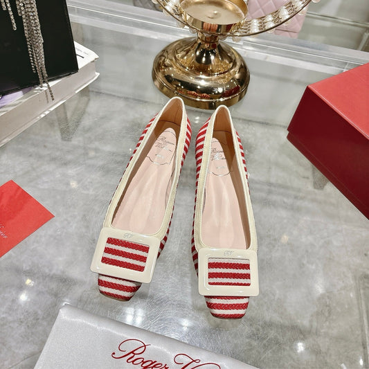 ROGER VIVIER 25S TROMPETTE BALLERINAS 25MM IN RED PLAID PATTERN CANVAS - 34