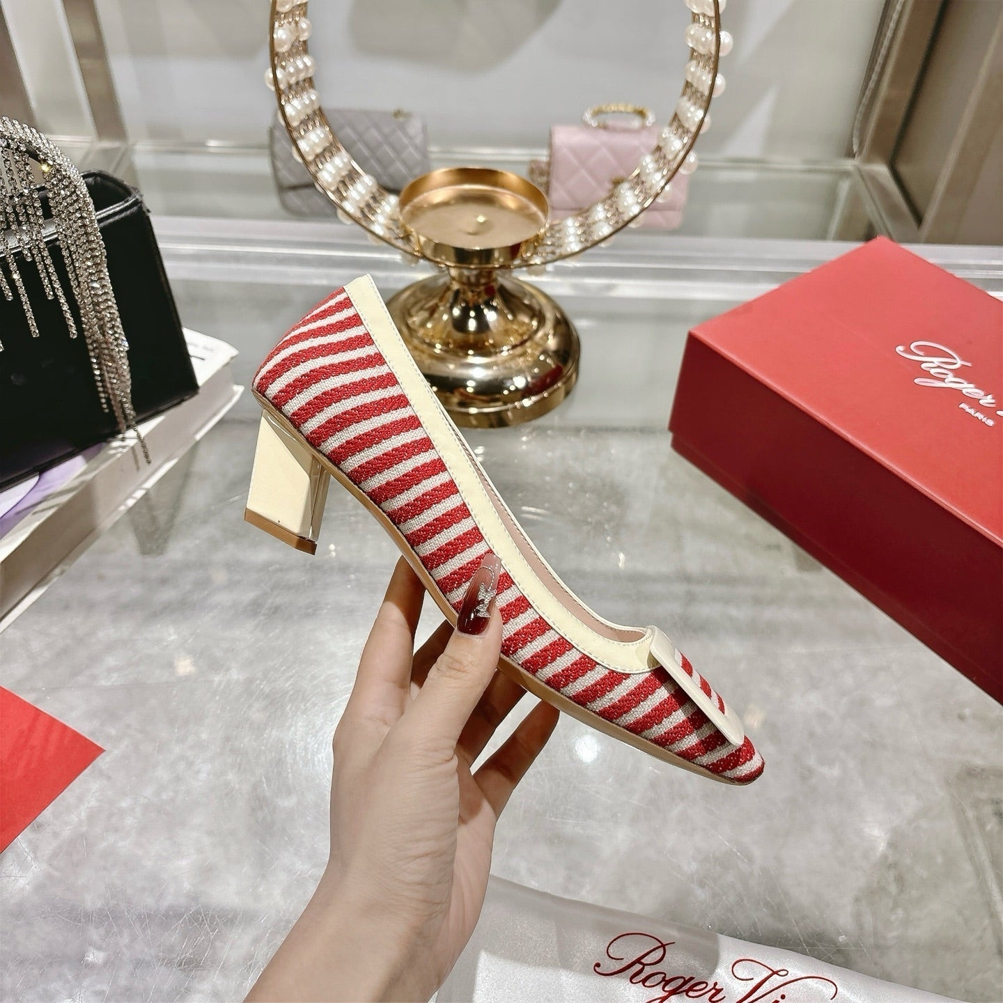ROGER VIVIER 25S TROMPETTE BALLERINAS 45MM IN RED PLAID PATTERN CANVAS - 34