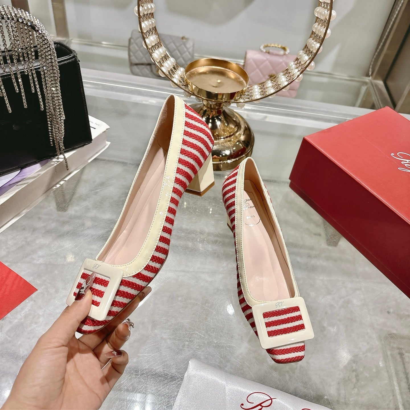 ROGER VIVIER 25S TROMPETTE BALLERINAS 45MM IN RED PLAID PATTERN CANVAS - 34