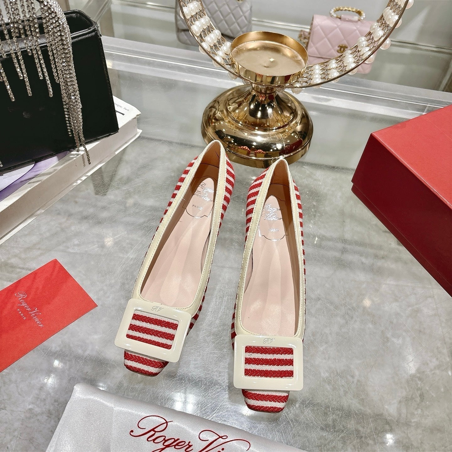 ROGER VIVIER 25S TROMPETTE BALLERINAS 45MM IN RED PLAID PATTERN CANVAS - 34