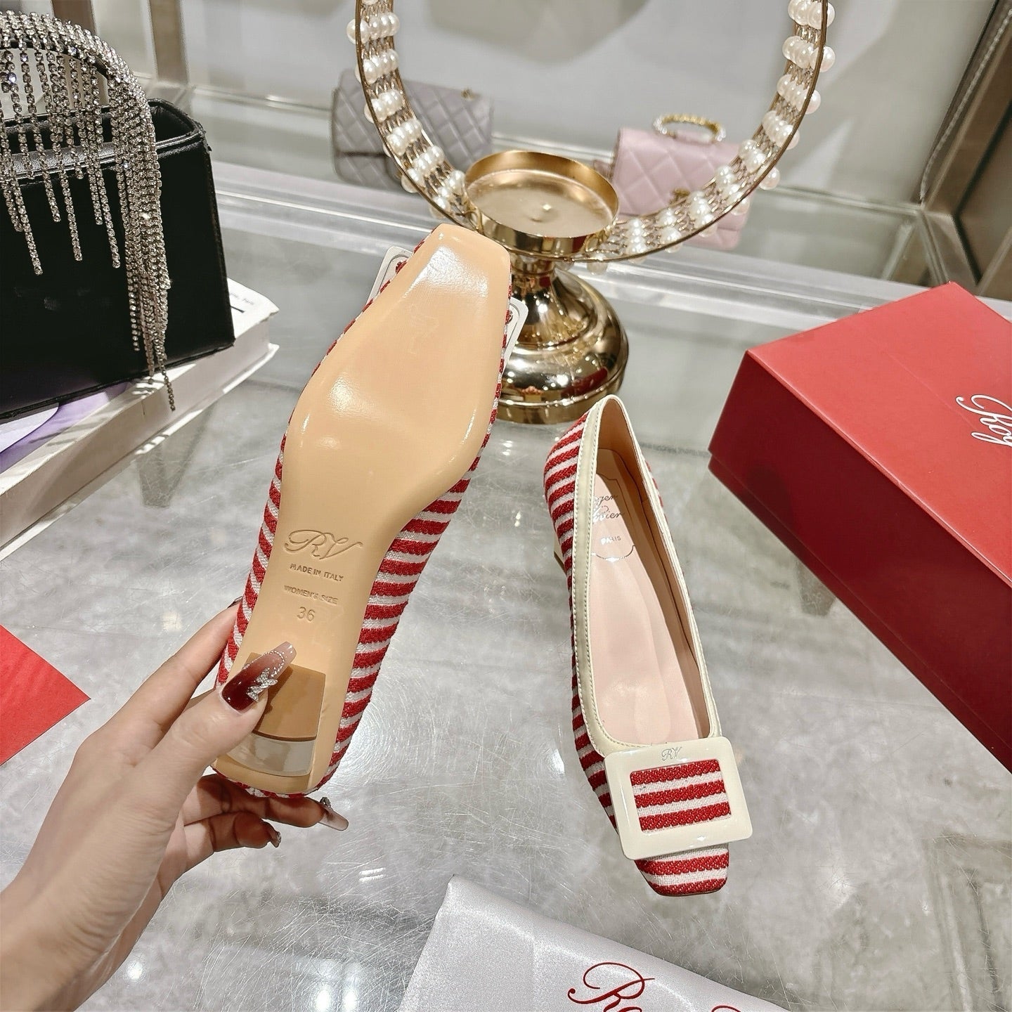 ROGER VIVIER 25S TROMPETTE BALLERINAS 45MM IN RED PLAID PATTERN CANVAS - 34